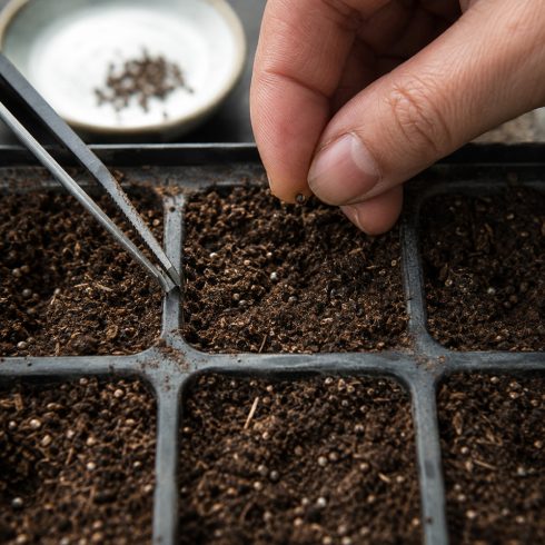 Lantana camara mag vetése palántanevelő tálcába, laza vetőközegbe történő ültetés közben
