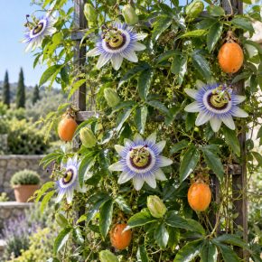 Passiflora caerulea kék golgotavirág virágokkal és érett narancssárga termésekkel kerti futtatórácson