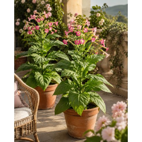 Nicotiana tabacum termesztett dohány virágzó cserepes növény nagy zöld levelekkel és rózsaszín virágokkal
