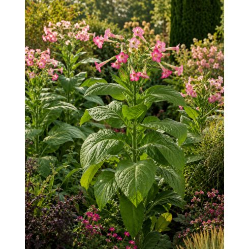 Nicotiana tabacum termesztett dohány virágzó példányai napos díszkertben