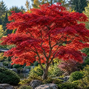 Látványos vörös lombú Acer palmatum japán juhar díszkertben