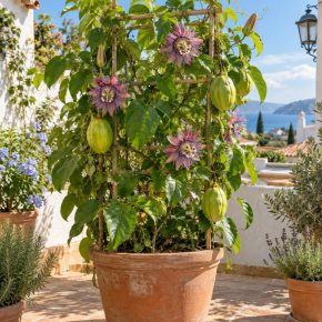 Passiflora quadrangularis óriás golgotavirág dézsában, virágokkal és termésekkel mediterrán teraszon