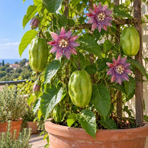 Passiflora quadrangularis nagy zöld termései kúszónövényen