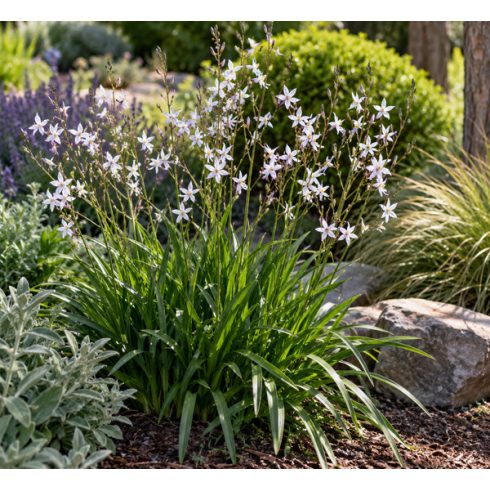 Arthropodium milleflorum virágzó példánya kerti ágyásban, halvány rózsaszínes-fehér virágokkal