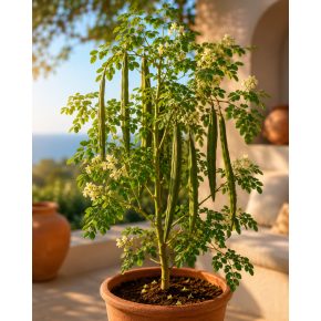 Moringa oleifera csodafa cserépben, napos teraszon, légies zöld lombbal