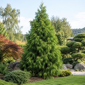 Cryptomeria japonica – Kúpos koronájú, sűrű, zöld lombozatú japánciprus díszkertben, japán juhar és örökzöld növények társaságában.