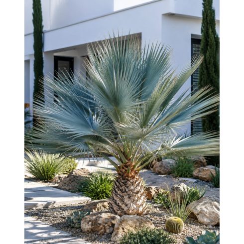 Brahea armata sziklapálma napos mediterrán jellegű kertben