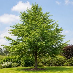 Ginkgo biloba páfrányfenyő kifejlett fa zöld legyező alakú levelekkel napos kertben
