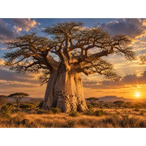 Adansonia digitata afrikai majomkenyérfa látványos naplementében a szavannán