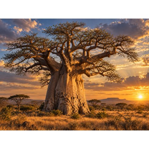 Adansonia digitata afrikai majomkenyérfa látványos naplementében a szavannán
