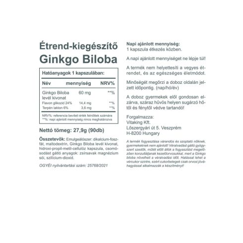 Ginkgo Biloba kivonat 60mg - 90db kapszula - collagen.hu