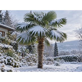Trachycarpus latisectus kenderpálma havas téli kertben