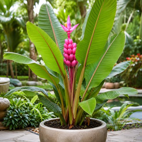 Musa velutina Pink banán dézsában, rózsaszín virágzattal és nagy zöld levelekkel