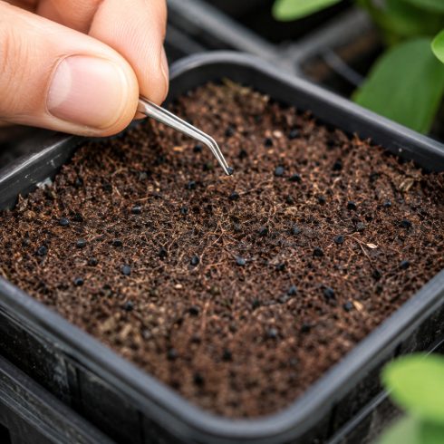 Hylocereus undatus apró fekete magjainak felszíni vetése nedves csíráztató közegbe