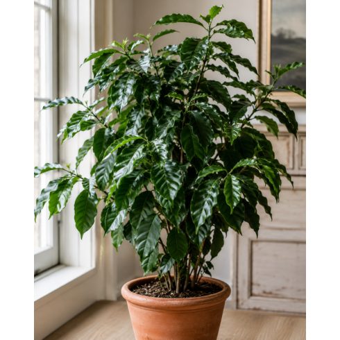 Dús lombú Coffea arabica arab kávécserje terrakotta cserépben, világos beltéri környezetben