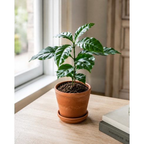 Fiatal Coffea arabica kávécserje palánta terrakotta cserépben, világos ablak mellett nevelve