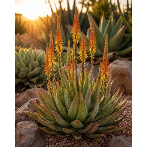 Virágzó Aloe microstigma – Karoo aloé vörös-narancssárga virágzatokkal