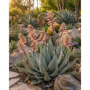Aloe globuligemma kifejlett pozsgás növény jellegzetes szürkészöld levélrozettával és virágzattal