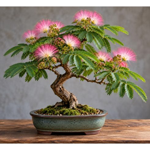 Albizia julibrissin selyemakác bonsai virágzó koronával és csavart törzzsel