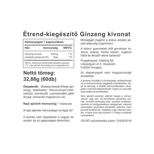 GINZENG KIVONAT 400MG - 60DB-OS KAPSZULA - COLLAGEN.HU