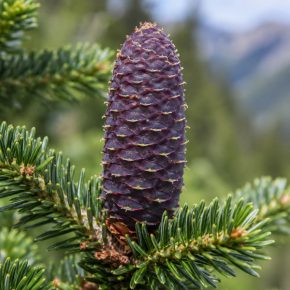 Abies pindrow – Himalájai jegenyefenyő jellegzetes, felálló, liláskék tobozai