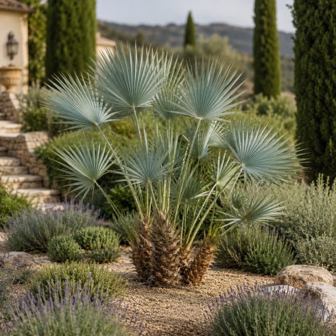 Idős Chamaerops humilis törpe lószőrpálma kiültetve mediterrán kertben