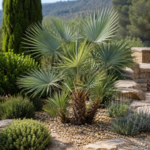 Chamaerops humilis ezüstös levelű pálma levendulákkal beültetett mediterrán kertben