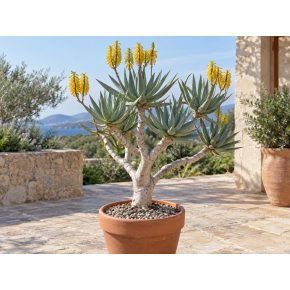 Virágzó Aloe dichotoma cserepes növény sárga virágokkal napos teraszon