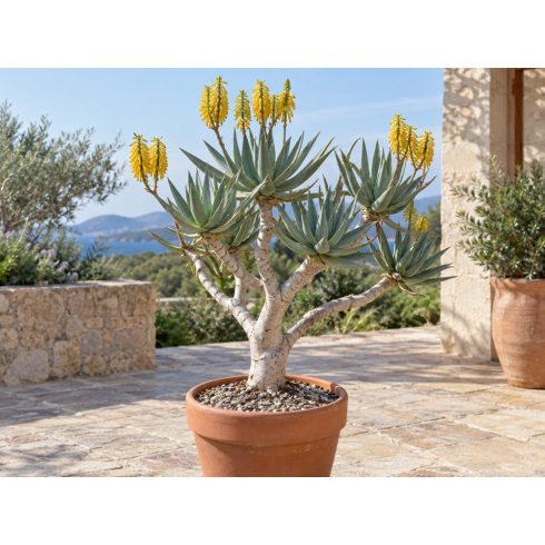 Virágzó Aloe dichotoma cserepes növény sárga virágokkal napos teraszon