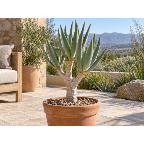 Fiatal Aloe dichotoma cserepes növény napos teraszon