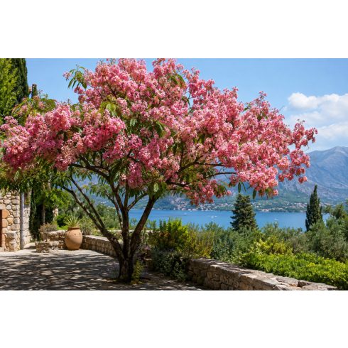 Virágzó Cassia grandis Pink kasszia fa mediterrán kertben rózsaszín virágfürtökkel