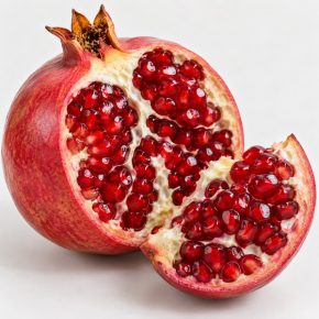 Punica granatum – felvágott gránátalma, belsejében lédús, rubinvörös magköpenyekkel