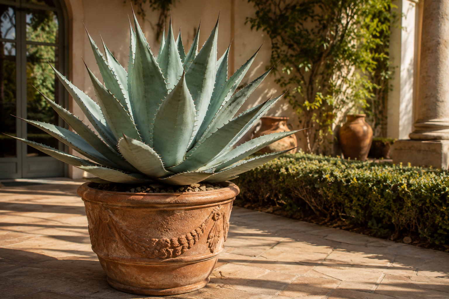 Agave Aloe és Yucca cserepes növények mediterrán teraszon nyáron