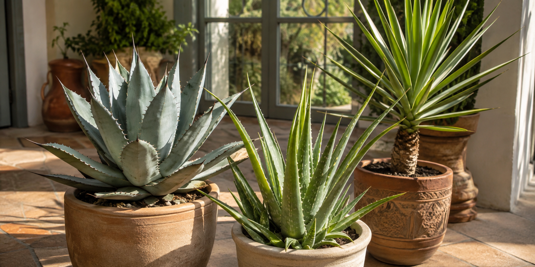 Agave Aloe és Yucca cserepes növények napfényes mediterrán teraszon