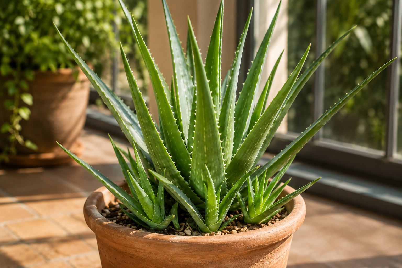 Egészséges Aloe vera sarjakkal terrakotta cserépben világos napfényes helyen