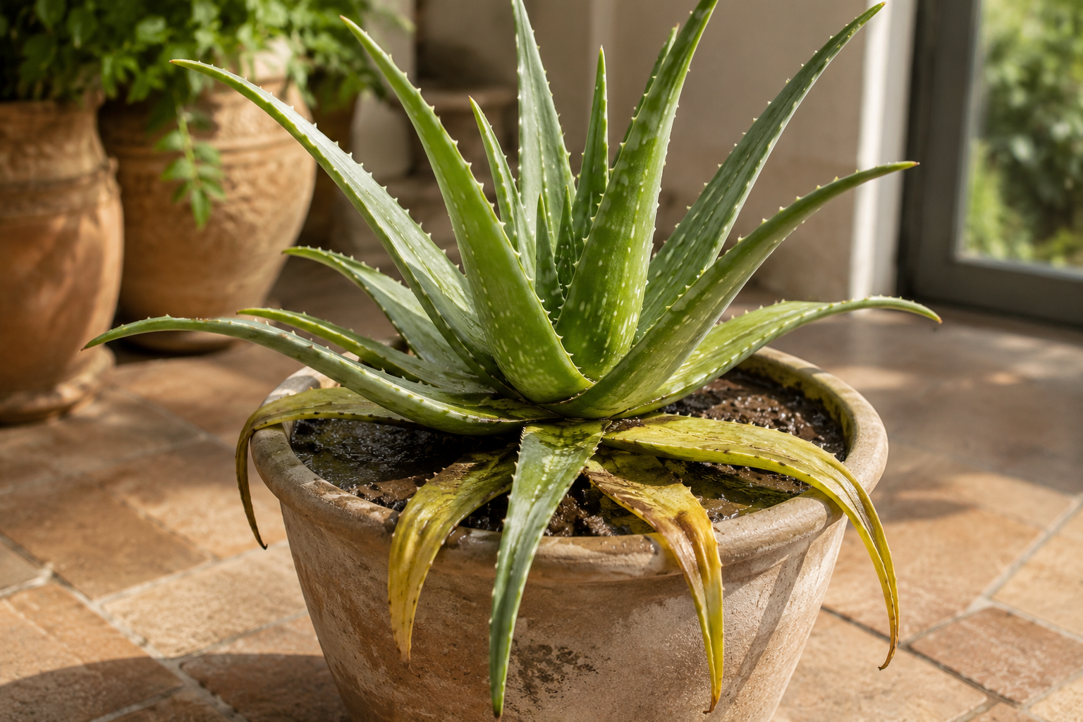 Túlöntözött Aloe vera sárguló és puhuló alsó levelekkel nedves talajban