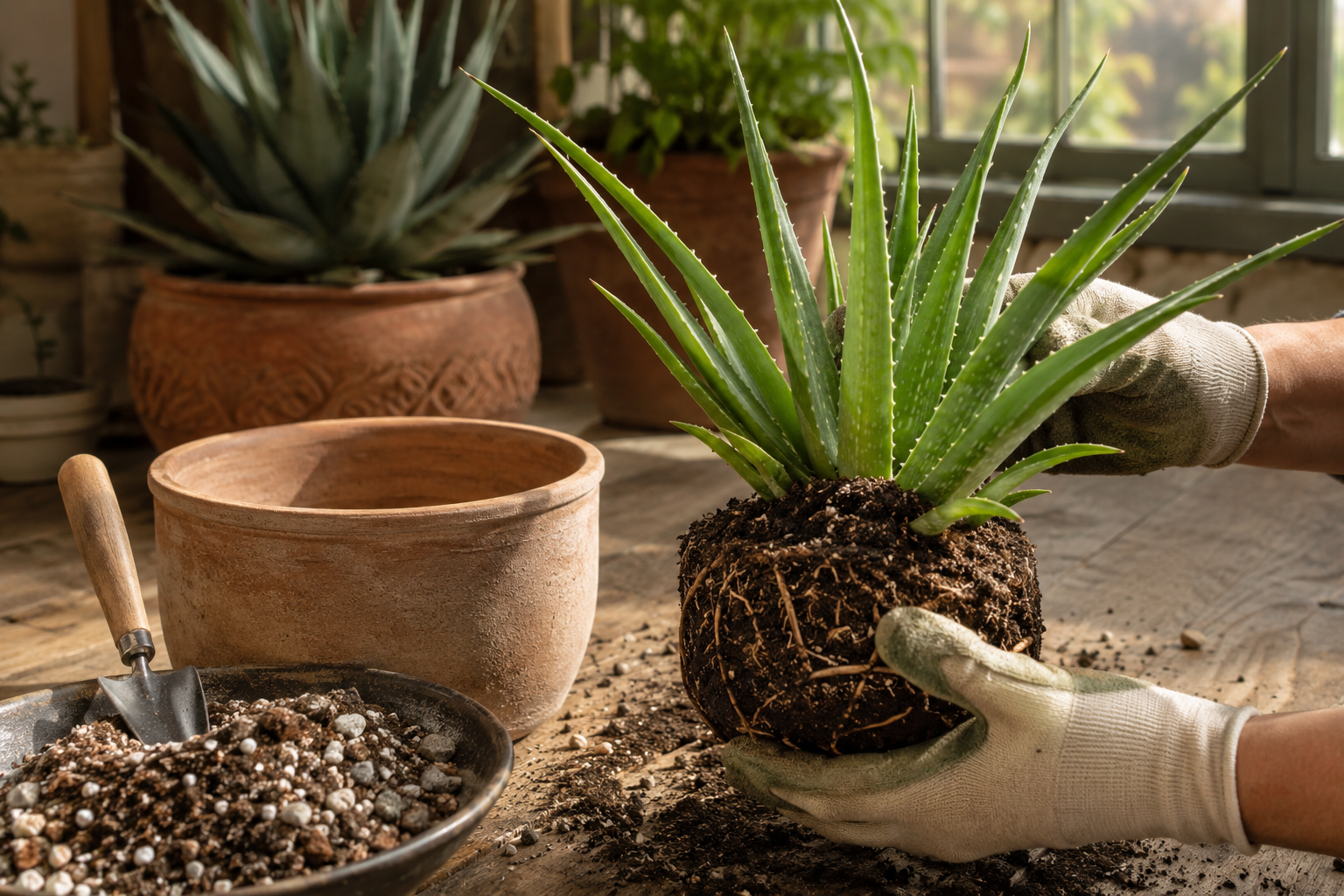 Aloe átültetése terrakotta cserépbe látható gyökérlabdával és laza földkeverékkel