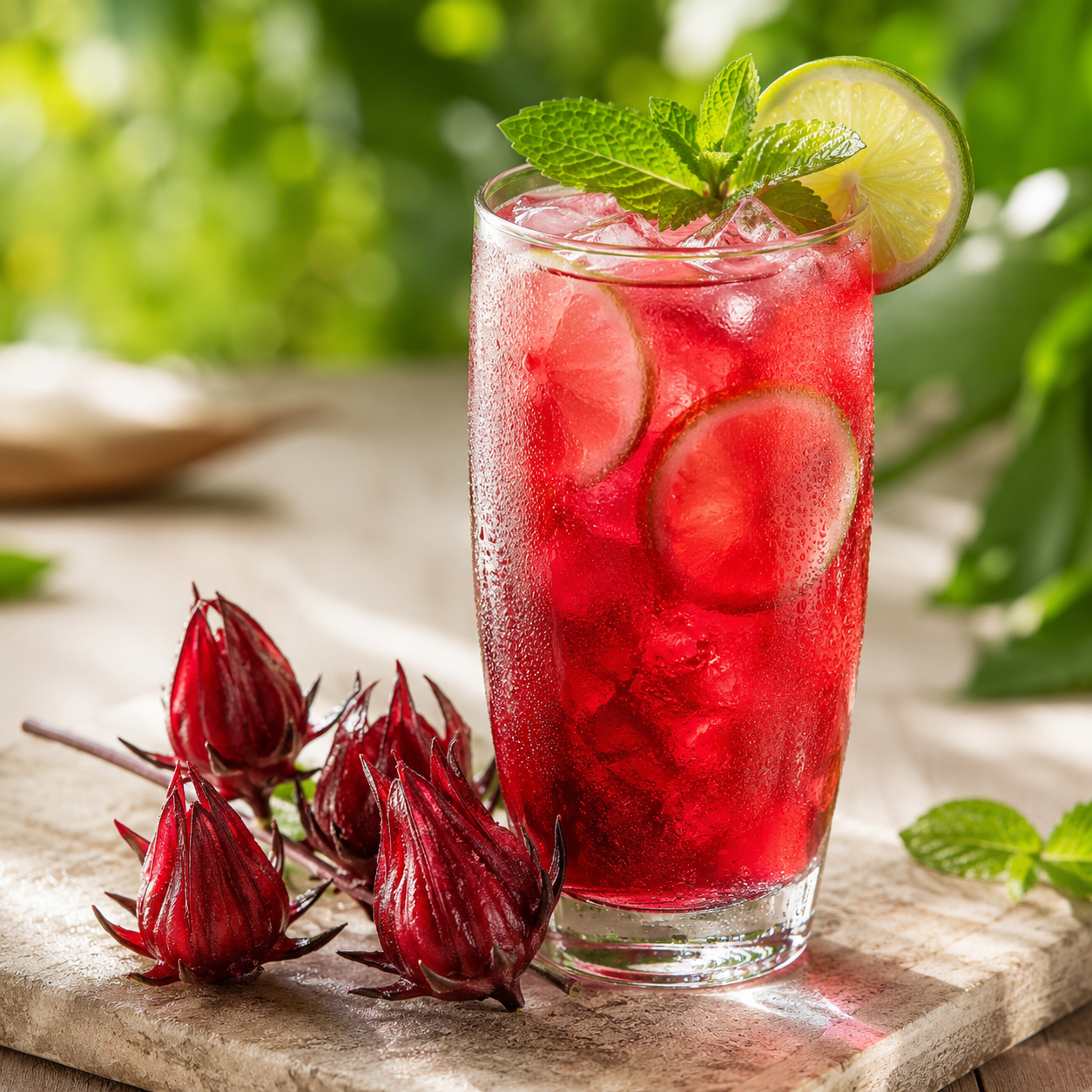 Rubinvörös hibiszkusz limonádé jéggel, lime-mal és friss mentával