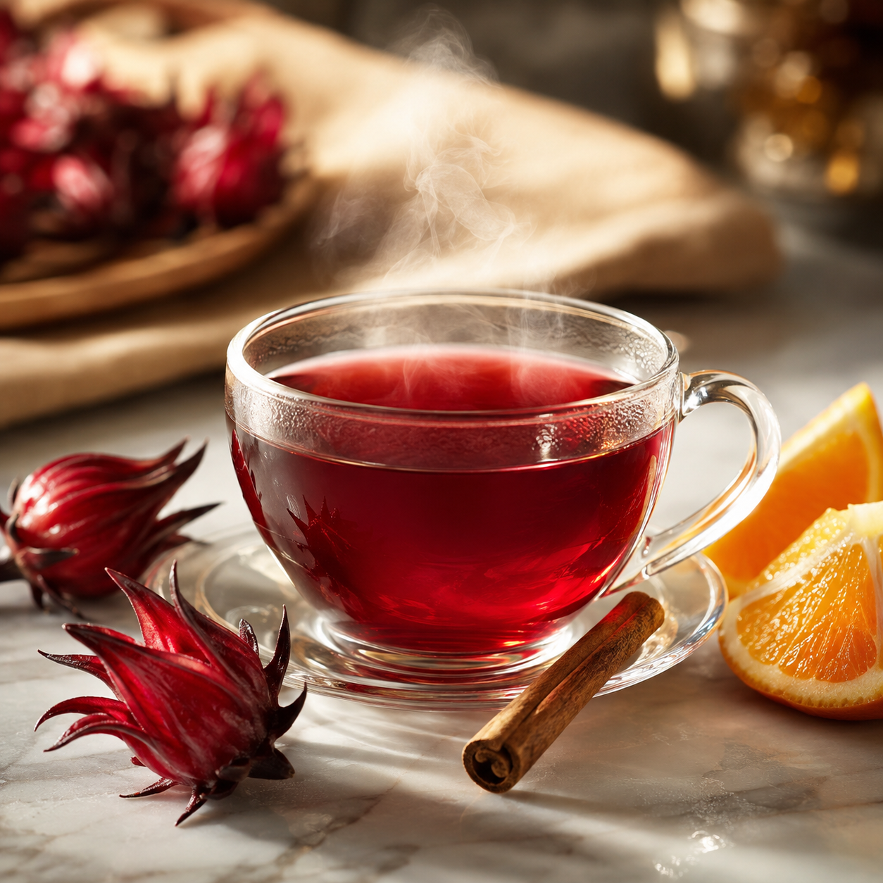 Fűszeres hibiszkusz tea üvegcsészében fahéjjal, narancsszelettel és piros rozella kelyhekkel