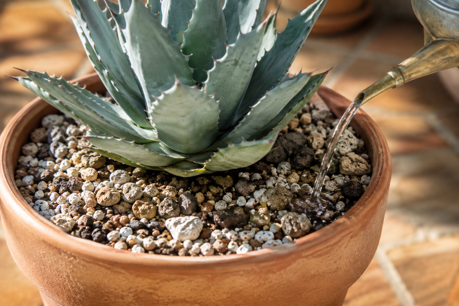 Agave öntözése terrakotta cserépben laza ásványi vízáteresztő ültetőközegben