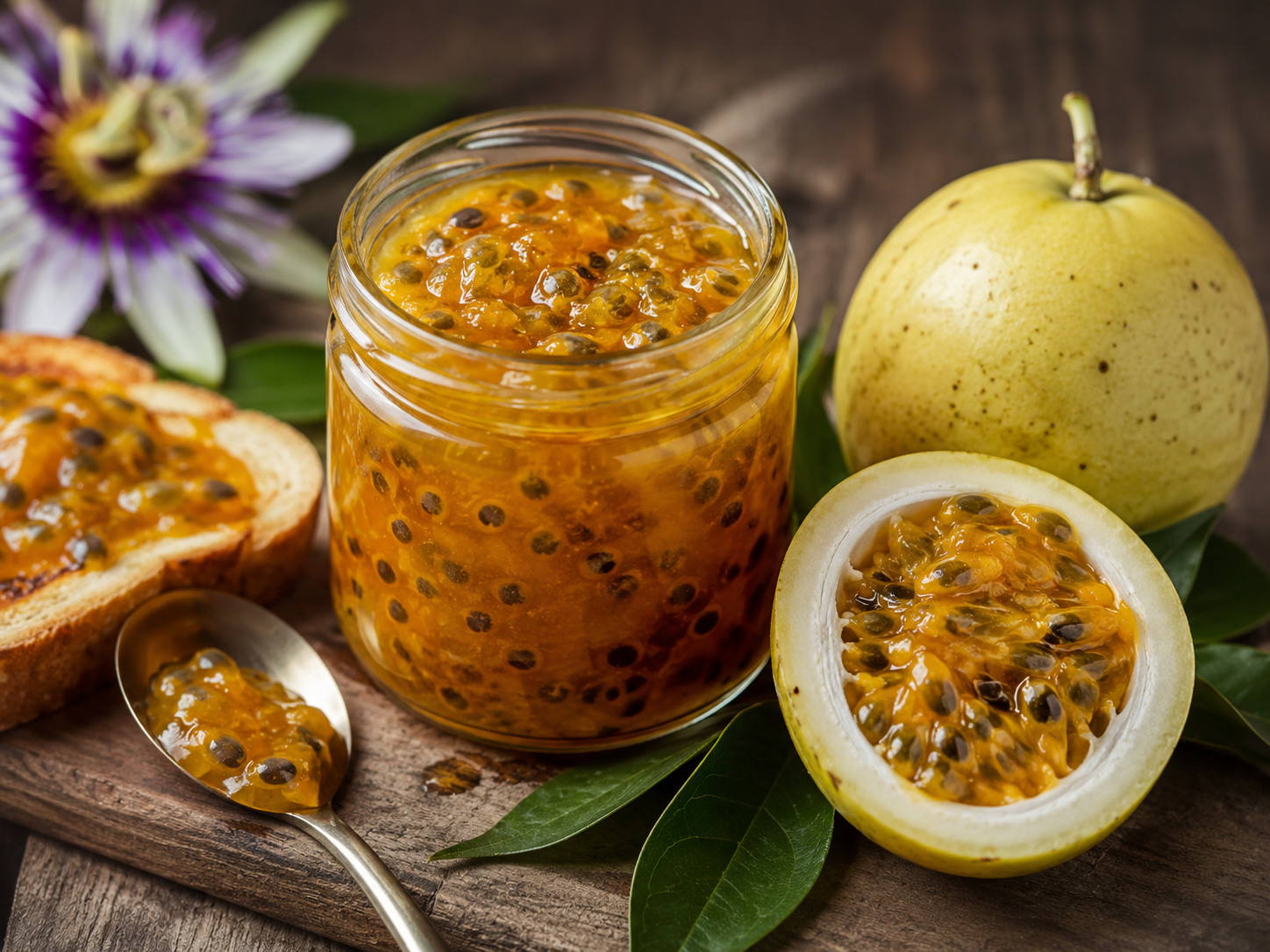 Házi Passiflora maliformis lekvár üvegben érett termésekkel