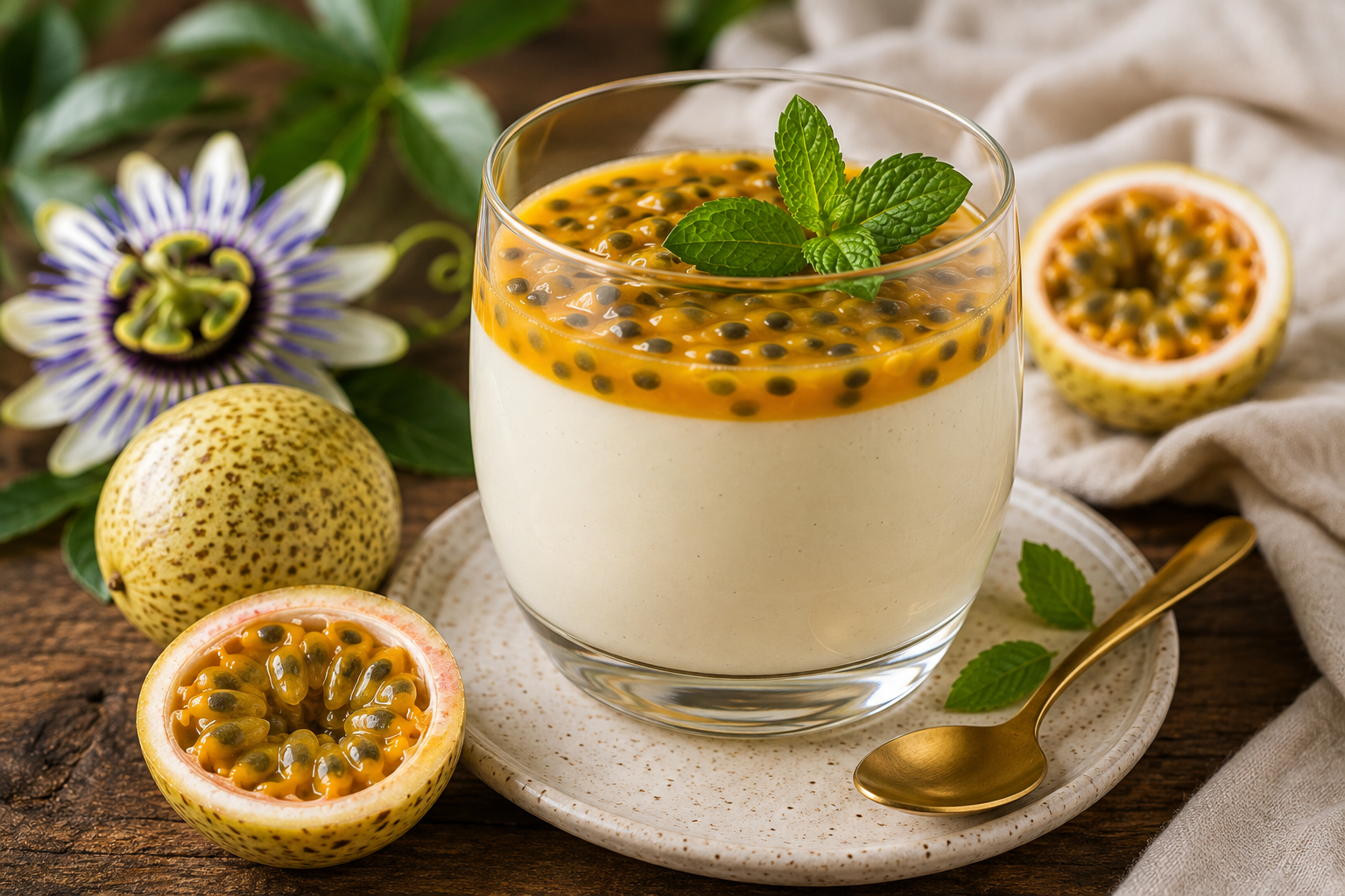 Krémes panna cotta Passiflora maliformis gyümölcsöntettel