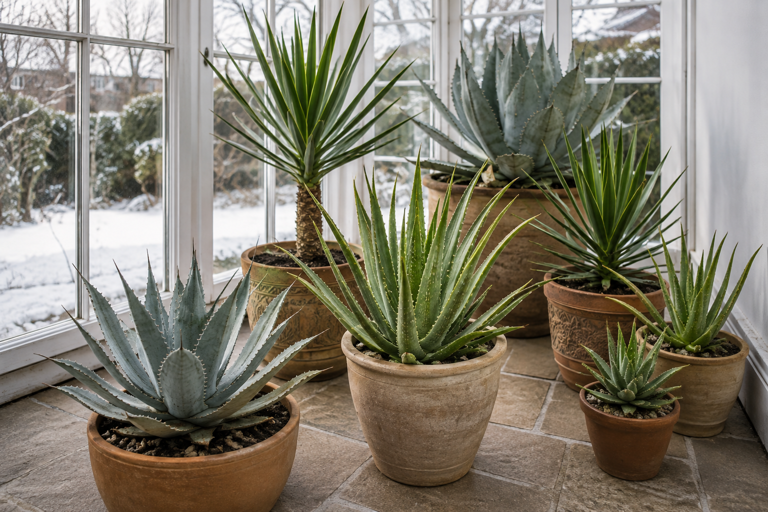 Agave Aloe és Yucca cserepes növények világos fagymentes télikertben télen