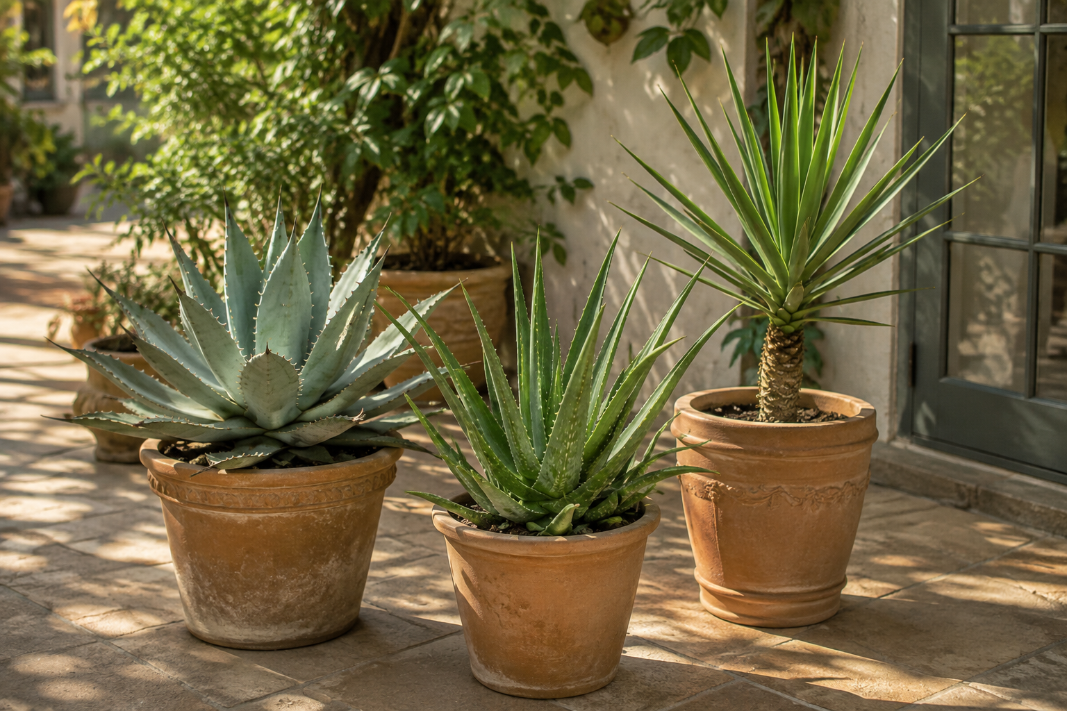 Nagy kékeszöld Agave terrakotta dézsában napos mediterrán udvaron