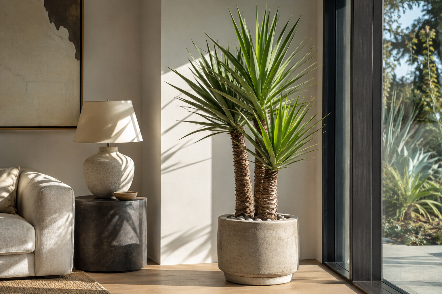 Nagy szobai Yucca világos modern nappaliban ablak mellett